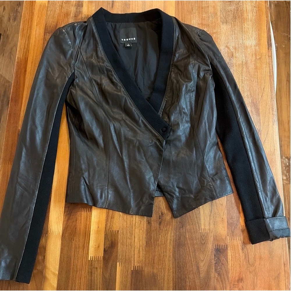 Trouve Womens Black Leather Wrap Jacket Knit Trim Blazer Small HL261164MI